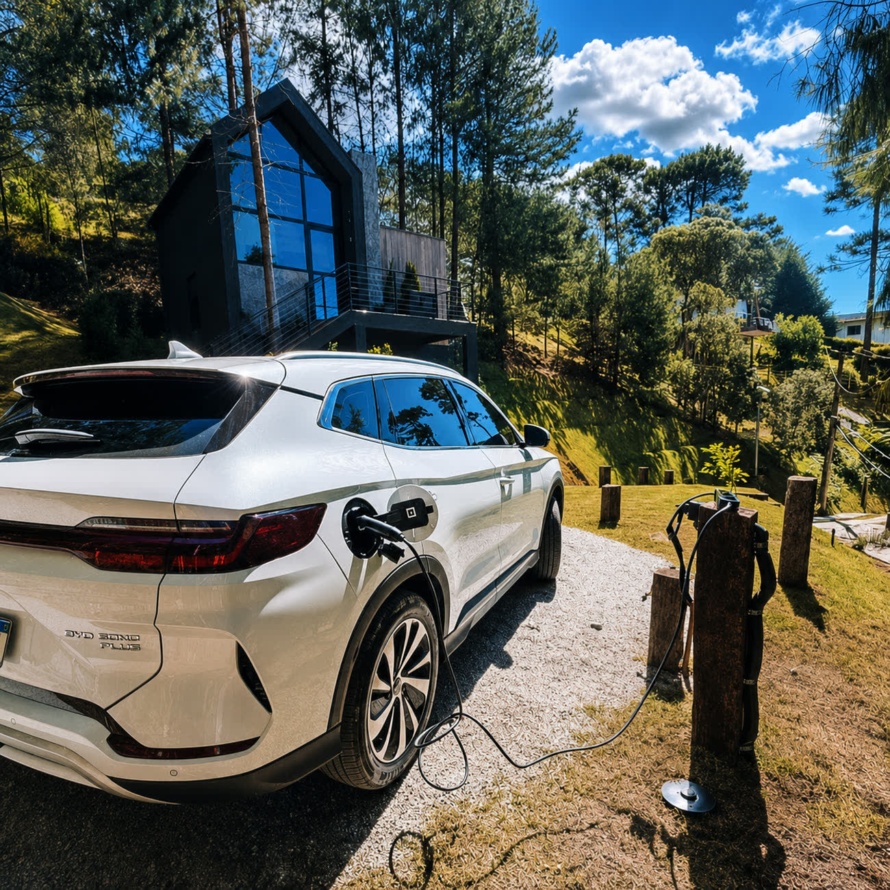 Carro elétrico branco conectado ao ponto de recarga, com uma das cabanas ao fundo