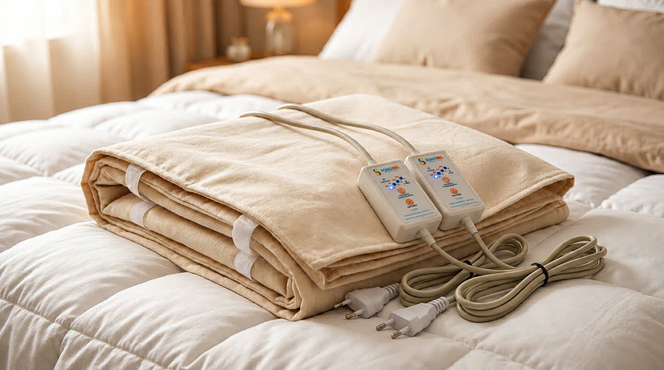 Lençol térmico dobrado sobre a cama, com os dois controles de intensidade