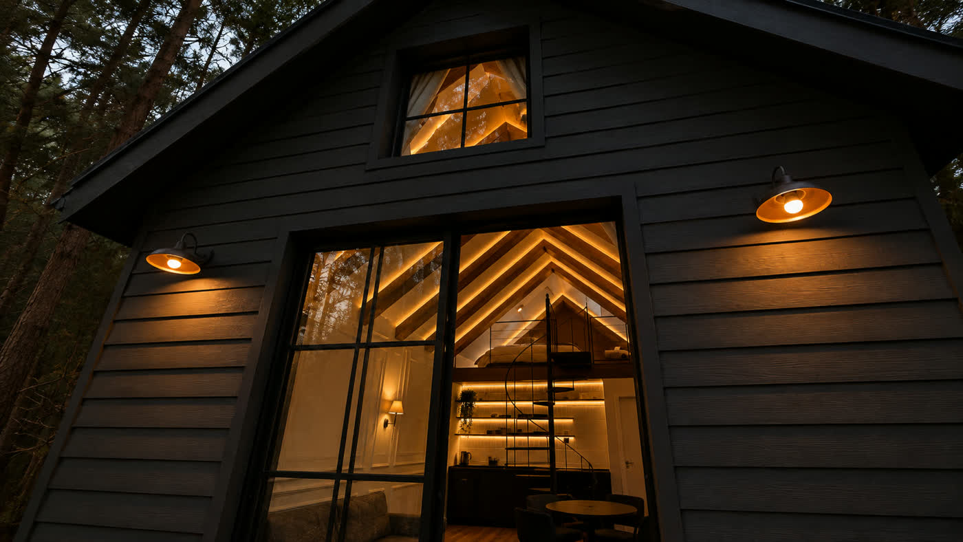 A fachada da Farm House iluminada à noite