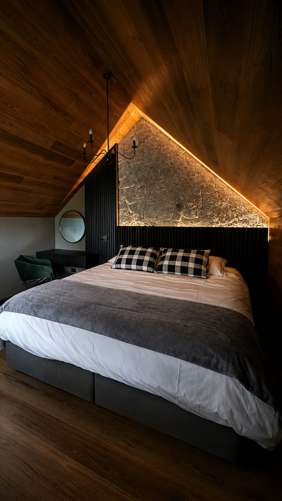 Quarto com cama king sob o telhado inclinado, com a pedra iluminada na cabeceira